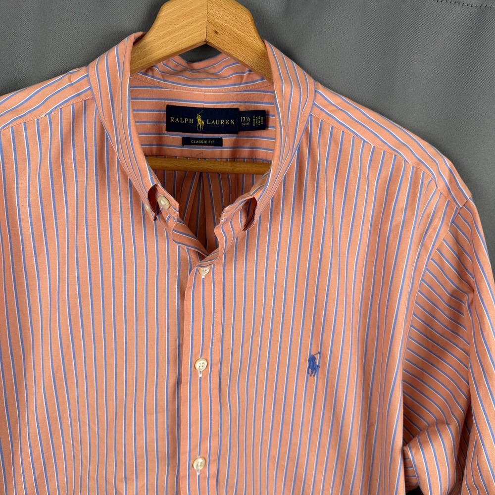 Ralph Lauren Mens Classic Fit Striped Button Down Shirt Orange Blue 17.5 34/35 - Picture 4 of 8
